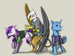 Size: 2336x1772 | Tagged: safe, artist:sinrar, gilda, starlight glimmer, trixie, cyborg, griffon, pony, unicorn, g4, amputee, artificial wings, augmented, beanie, cape, clothes, hat, jacket, prosthetic leg, prosthetic limb, prosthetic wing, prosthetics, trixie's cape, wings