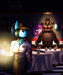 Size: 2557x3051 | Tagged: safe, artist:littletigressda, oc, oc only, oc:kyra storm, anthro, anthro oc, crossover, fanfic art, five nights at freddy's, freddy fazbear, high res