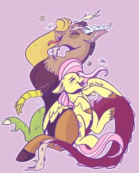 Size: 1638x2048 | Tagged: safe, artist:erieillustrates, discord, fluttershy, draconequus, pegasus, pony, g4, 2023, blush lines, blushing, chest fluff, duo, duo male and female, eyes closed, female, flower, horns, laughing, lavender background, male, mare, open mouth, open smile, signature, simple background, smiling, spread wings, tail, tongue out, unshorn fetlocks, wings