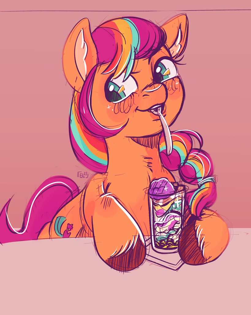 [blushing,drink,drinking,earth pony,female,g5,glass,mare,pony,safe,signature,sketch,solo,spoon,tail,unshorn fetlocks,ear fluff,looking sideways,smiling,sunny starscout,2023,mane stripe sunny,artist:erieillustrates,halo-halo]