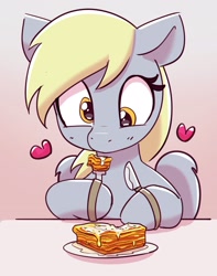 Size: 1769x2240 | Tagged: safe, artist:pabbley, derpy hooves, pegasus, pony, g4, cute, derpabetes, eating, ergonomics, female, floating heart, folded wings, food, fork, gradient background, heart, horse problems, knife, lasagna, mare, pasta, solo, wings