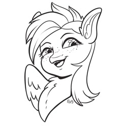 Size: 1500x1500 | Tagged: safe, artist:erieillustrates, oc, oc only, pegasus, pony, 2023, black and white, bust, chest fluff, female, freckles, grayscale, looking at you, mare, monochrome, open mouth, open smile, pegasus oc, signature, simple background, smiling, white background, wings, wip