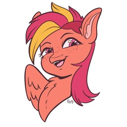 Size: 1500x1500 | Tagged: safe, artist:erieillustrates, oc, oc only, pegasus, pony, 2023, bust, chest fluff, female, freckles, looking at you, mare, open mouth, open smile, pegasus oc, signature, simple background, smiling, white background, wings