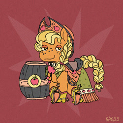 Size: 1500x1500 | Tagged: safe, artist:emptygoldstudio, applejack, earth pony, pony, g4, alternate hairstyle, barrel, boots, braid, braided tail, clothes, cowboy boots, dress, female, gala dress, looking at you, mare, shoes, smiling, smiling at you, solo, standing on two hooves, tail