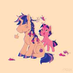 Size: 1500x1500 | Tagged: safe, artist:emptygoldstudio, shining armor, twilight sparkle, pony, unicorn, g4, bbbff, blank flank, bow, braiding, brother and sister, colt, colt shining armor, cute, duo, female, filly, filly twilight sparkle, foal, hair bow, male, open mouth, open smile, siblings, simple background, smiling, twiabetes, unicorn twilight, yellow background, younger