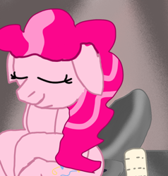 Size: 846x890 | Tagged: source needed, safe, artist:ilovetoiletart, pinkie pie, earth pony, pony, g4, but why, eyes closed, female, implied pooping, mare, relief, sitting, sitting on toilet, smiling, solo, toilet, toilet paper, trace