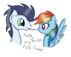 Size: 900x720 | Tagged: safe, artist:dasher666, artist:rainbowdash212, edit, rainbow dash, soarin', pegasus, pony, g4, female, food, male, mare, pocky, ship:soarindash, shipping, stallion, straight