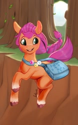 Size: 750x1200 | Tagged: safe, artist:sondy, sunny starscout, earth pony, pony, g5, bag, coat markings, cute, eyebrows, female, hair, hair tie, hooves, jumping, mare, messenger bag, open mouth, open smile, pin, ponytail, smiling, socks (coat markings), solo, sunnybetes, tree
