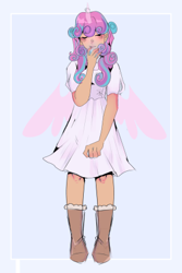 Size: 285x427 | Tagged: safe, artist:switchyswap, derpibooru exclusive, princess flurry heart, oc, oc:flair, human, g4, boots, clothes, dress, humanized, light skin, shoes