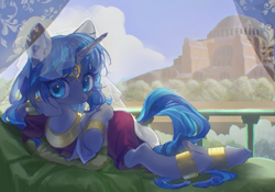 Size: 2388x1668 | Tagged: safe, artist:tingsan, oc, oc:cork, pony, unicorn, equestria at war mod, bed, bedroom, building, clothes, cute, egyptian, female, gray coat, greek, long mane, mare, scenery, solo