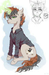 Size: 2618x4033 | Tagged: safe, artist:hysteriana, oc, oc only, oc:scroll notice, oc:svetomech, pony, unicorn, clothes, floppy ears, full body, gift art, glasses, green eyes, horn, horn ring, jewelry, magic, magic aura, male, ring, shirt, simple background, sketch, stallion, unicorn oc