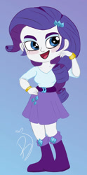 Size: 688x1390 | Tagged: safe, artist:gorlie, rarity, human, equestria girls, g4, belt, blouse, blue background, boots, bracelet, breasts, clothes, female, hair, hairpin, jewelry, makeup, open mouth, open smile, shirt, simple background, skirt, smiling, solo, teenager