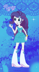 Size: 654x1200 | Tagged: safe, artist:watermelonna, rarity, equestria girls, g4, 2013, blue background, boots, clothes, dress, fall formal outfits, high heel boots, old art, shoes, simple background, solo