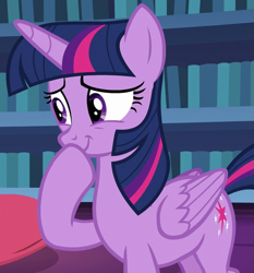 Size: 651x699 | Tagged: safe, screencap, twilight sparkle, alicorn, pony, father knows beast, g4, season 8, amused, bookshelf, cropped, cute, female, folded wings, hoof over mouth, mare, purple eyes, smiling, twiabetes, twilight sparkle (alicorn), wings