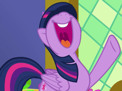Size: 917x681 | Tagged: safe, screencap, twilight sparkle, alicorn, pony, a flurry of emotions, g4, season 7, cropped, cute, female, mare, mawshot, nose in the air, open mouth, open smile, raised hoof, smiling, solo, twiabetes, twilight sparkle (alicorn), twilight's castle, uvula, volumetric mouth