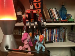 Size: 3264x2448 | Tagged: safe, artist:polorenzielephant, pinkie pie, rainbow dash, earth pony, gnome, pegasus, pony, robot, g4, book, bottle, cork, dvd, female, frank, glass, guardians of harmony, high res, irl, lava lamp, lego, mare, photo, roripoppu, thomas the tank engine, thomas wooden railway, toy