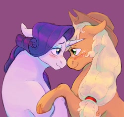 Size: 1700x1600 | Tagged: safe, artist:abbytabbys, applejack, rarity, earth pony, pony, unicorn, g4, applejack's hat, blushing, cowboy hat, ears back, female, hair tie, hat, lesbian, looking at each other, looking at someone, ship:rarijack, shipping