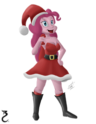 Size: 828x1071 | Tagged: safe, artist:artfreak5, pinkie pie, human, equestria girls, g4, boots, christmas, clothes, costume, dress, holiday, open mouth, open smile, santa costume, shoes, simple background, smiling, solo, transparent background