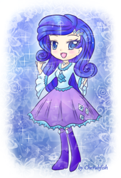 Size: 600x880 | Tagged: safe, alternate version, artist:cherubfish, rarity, human, equestria girls, g4, boots, clothes, digital art, dress, high heel boots, open mouth, open smile, shoes, smiling, solo