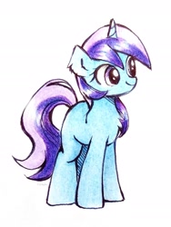 Size: 1984x2645 | Tagged: safe, artist:liaaqila, minuette, pony, unicorn, g4, commission, female, high res, horn, mare, signature, simple background, smiling, solo, traditional art, white background