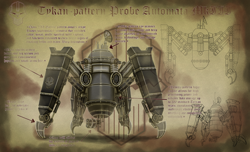 Size: 4200x2550 | Tagged: safe, artist:amalgamzaku, robot, fanfic:iron hearts, chaos, chaos space marine, drone, fanfic art, iron warriors, mechanical, no pony, radar, schematics, sensors, space marine, text, warhammer (game), warhammer 40k