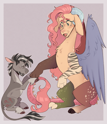 Size: 1336x1557 | Tagged: safe, artist:wanderingpegasus, discord, fluttershy, classical unicorn, draconequus, pony, unicorn, g4, alternate universe, chest fluff, cloven hooves, coat markings, draconequified, duo, duo male and female, female, floppy ears, flutterequus, gray background, horn, horns, leonine tail, male, ponified, pony discord, role reversal, ship:discoshy, shipping, simple background, sitting, socks (coat markings), species swap, stallion, straight, unshorn fetlocks
