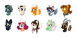 Size: 2030x1010 | Tagged: safe, artist:nostalgicfixations, oc, oc only, earth pony, pegasus, pony, undead, unicorn, vampire, vampony, antennae, base used, black sclera, bowtie, bust, clothes, clown makeup, colored sclera, ear piercing, earring, frankenpony, halloween ponies, hat, hoodie, jewelry, piercing, simple background, transparent background, yellow sclera
