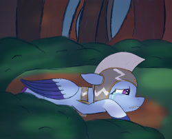 Size: 2480x2000 | Tagged: safe, artist:php176, derpibooru exclusive, zoom zephyrwing, pegasus, pony, g5, armor, bush, crying, ears back, female, guardsmare, helmet, hiding, high res, lying down, mare, pegasus royal guard, prone, royal guard, sad, solo, tree