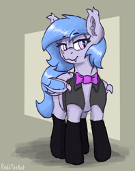 Size: 2062x2597 | Tagged: safe, artist:reddthebat, oc, oc only, oc:lucky roll, bat pony, pony, bat pony oc, bowtie, clothes, female, high res, lidded eyes, looking at you, mare, smiling, smiling at you, solo, stockings, thigh highs