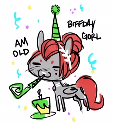 Size: 2049x2273 | Tagged: safe, artist:opalacorn, oc, oc only, oc:void, pegasus, pony, beanbrows, birthday cake, cake, eyebrows, female, food, hat, high res, laurel wreath, mare, mole, nose piercing, nose ring, party hat, party horn, piercing, simple background, solo, white background