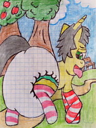 Size: 1422x1893 | Tagged: safe, artist:bitter sweetness, oc, oc only, oc:bitter sweetness, pony, unicorn, abdl, adult foal, blue sky, clothes, cloud, diaper, diaper fetish, dirt road, fetish, forest, graph paper, grass, green eyes, male, non-baby in diaper, open mouth, open smile, park, poofy diaper, smiling, socks, striped socks, tongue out, traditional art, white diaper