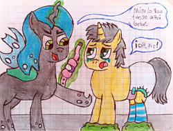 Size: 3979x3031 | Tagged: safe, artist:bitter sweetness, queen chrysalis, oc, oc:bitter sweetness, changeling, changeling queen, pony, unicorn, g4, adult foal, bondage, changeling slime, clothes, crying, diaper, female, glowing, glowing horn, graph paper, green eyes, high res, hooves, horn, magic, male, non-baby in diaper, open mouth, open smile, pacifier, pacifier gag, smiling, socks, spanish, spanish text, speech bubble, striped socks, telekinesis, traditional art, translated in the description