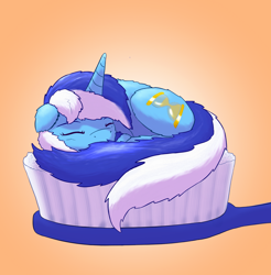 Size: 1482x1504 | Tagged: safe, artist:gosha305, minuette, pony, unicorn, g4, background pony, behaving like a cat, brushie, cheek fluff, curled up, cute, ear fluff, eyes closed, female, floppy ears, full body, gradient background, horn, lying down, mare, minubetes, multicolored hair, sleeping, solo, tail, tiny, toothbrush