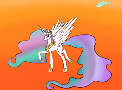 Size: 3822x2798 | Tagged: safe, artist:psychotix, princess celestia, alicorn, pony, g4, clothes, ethereal mane, ethereal tail, female, gradient background, high res, jewelry, mare, missing cutie mark, orange background, outline, peytral, raised hoof, regalia, royalty, shoes, solo, spread wings, standing on two hooves, tail, wings