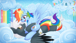 Size: 1920x1080 | Tagged: safe, artist:ynery, rainbow dash, oc, oc:tempest streamrider, pegasus, pony, g4, canon x oc, cloud, duo, female, looking at someone, lying down, male, on top, pegasus oc, rainbow, ship:streamdash, shipping, stallion, straight