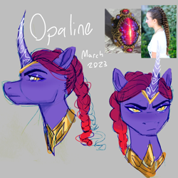 Size: 2000x2000 | Tagged: safe, artist:mythical artist, opaline arcana, alicorn, pony, g5, alternate design, braid, bust, curved horn, female, gray background, high res, horn, jewelry, mare, reference, regalia, simple background, slit pupils, solo