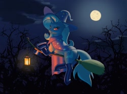 Size: 1800x1329 | Tagged: safe, artist:escapist, trixie, pony, unicorn, g4, broom, cape, clothes, female, flying, flying broomstick, full moon, hat, horn, lantern, looking at you, mare, moon, night, sexy, smiling, smiling at you, socks, solo, tree, trixie's cape, trixie's hat