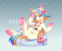 Size: 2048x1699 | Tagged: safe, artist:alus, oc, oc only, pony, bat ears, colored eartips, colored hooves, female, floral necklace, flower, flower in hair, glasses, heart shaped glasses, inner tube, mare, pool toy, solo, watermark