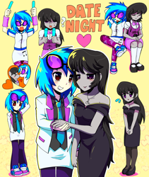 Size: 1448x1715 | Tagged: safe, artist:nnightmareg, dj pon-3, octavia melody, vinyl scratch, earth pony, human, pony, unicorn, equestria girls, g4, blushing, clothes, cute, dress, duo, female, heart, holding hands, jewelry, lesbian, necklace, necktie, party, ship:scratchtavia, shipping, sleeping, suit, sunglasses