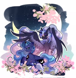 Size: 2008x2048 | Tagged: safe, artist:alus, nightmare moon, princess luna, alicorn, pony, g4, cherry blossoms, crescent moon, duo, female, flower, flower blossom, high res, jewelry, mare, mid-autumn festival, moon, night, regalia, stars