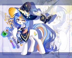 Size: 2048x1667 | Tagged: safe, artist:alus, oc, oc only, pony, unicorn, book, cape, clothes, cute, cute little fangs, fangs, female, hat, horn, magic, mare, one eye closed, potion, scepter, solo, starry eyes, telekinesis, unicorn oc, wingding eyes, wink, wizard hat