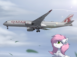 Size: 1844x1376 | Tagged: safe, artist:rieyadraws, oc, oc only, oc:sugar morning, pegasus, pony, airbus, airbus a350, chest fluff, cloud, ear fluff, flying, green eyes, happy, jet engine, looking up, plane, qatar, qatar airways, smiling