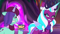 Size: 1920x1080 | Tagged: safe, screencap, onyx, opaline arcana, alicorn, pony, unicorn, g5, my little pony: tell your tale, nightmare nightmarket, spoiler:g5, spoiler:my little pony: tell your tale, spoiler:tyts01e63, cup, duo, duo female, female, food, frown, grin, mare, smiling, tea, teacup
