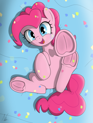 Size: 3000x4000 | Tagged: safe, artist:noomeralf, pinkie pie, earth pony, pony, g4, confetti, female, frog (hoof), hoofbutt, hooves, looking at you, lying down, mare, on back, open mouth, open smile, reaching, smiling, underhoof