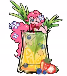 Size: 1790x2048 | Tagged: safe, artist:alus, pinkie pie, earth pony, pony, g4, alcohol, blueberry, bow, cocktail, cup, cup of pony, drink, female, flower, flower in hair, food, lemon, mare, micro, one eye closed, simple background, solo, strawberry, white background, wink