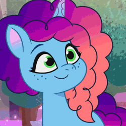 Size: 720x720 | Tagged: safe, screencap, alphabittle blossomforth, misty brightdawn, pony, unicorn, g5, my little pony: tell your tale, nightmare nightmarket, spoiler:g5, spoiler:my little pony: tell your tale, spoiler:tyts01e63, animated, blushing, bracelet, bridlewood, candy, coat markings, cotton candy, cute, daaaaaaaaaaaw, embarrassed, father and child, father and daughter, fathers gonna father, female, food, freckles, gif, jewelry, lollipop, male, mare, mistybetes, offscreen character, petting, plushie, pony plushie, rebirth misty, socks (coat markings), stallion, unshorn fetlocks, youtube link