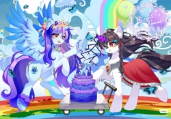 Size: 2048x1429 | Tagged: safe, artist:alus, oc, oc only, alicorn, butterfly, kirin, pony, alicorn amulet, alicorn oc, balloon, birthday party, braid, cake, cake topper, cape, clothes, cloudsdale, crown, female, food, hair accessory, horn, jewelry, kirin oc, magic, mare, party, regalia, trolley, wings