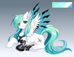 Size: 2048x1592 | Tagged: safe, artist:alus, oc, oc only, cyborg, pegasus, pony, amputee, blade, eye clipping through hair, female, gradient background, mare, pegasus oc, prosthetic leg, prosthetic limb, prosthetics, reference sheet, sitting, solo, transparent wings, weapon, wingblade, wings