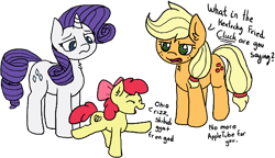 Size: 584x337 | Tagged: safe, artist:anonymouseleven, apple bloom, applejack, rarity, earth pony, pony, unicorn, g4, adorabloom, aggie.io, cute, eyes closed, female, filly, foal, mare, simple background, text, transparent background