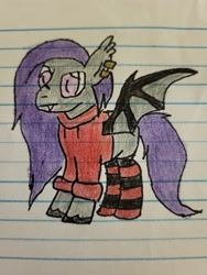 Size: 4000x3000 | Tagged: safe, artist:volk204, oc, oc only, oc:moonlight bliss, bat pony, clothes, hoodie, lined paper, socks, solo, striped socks, traditional art